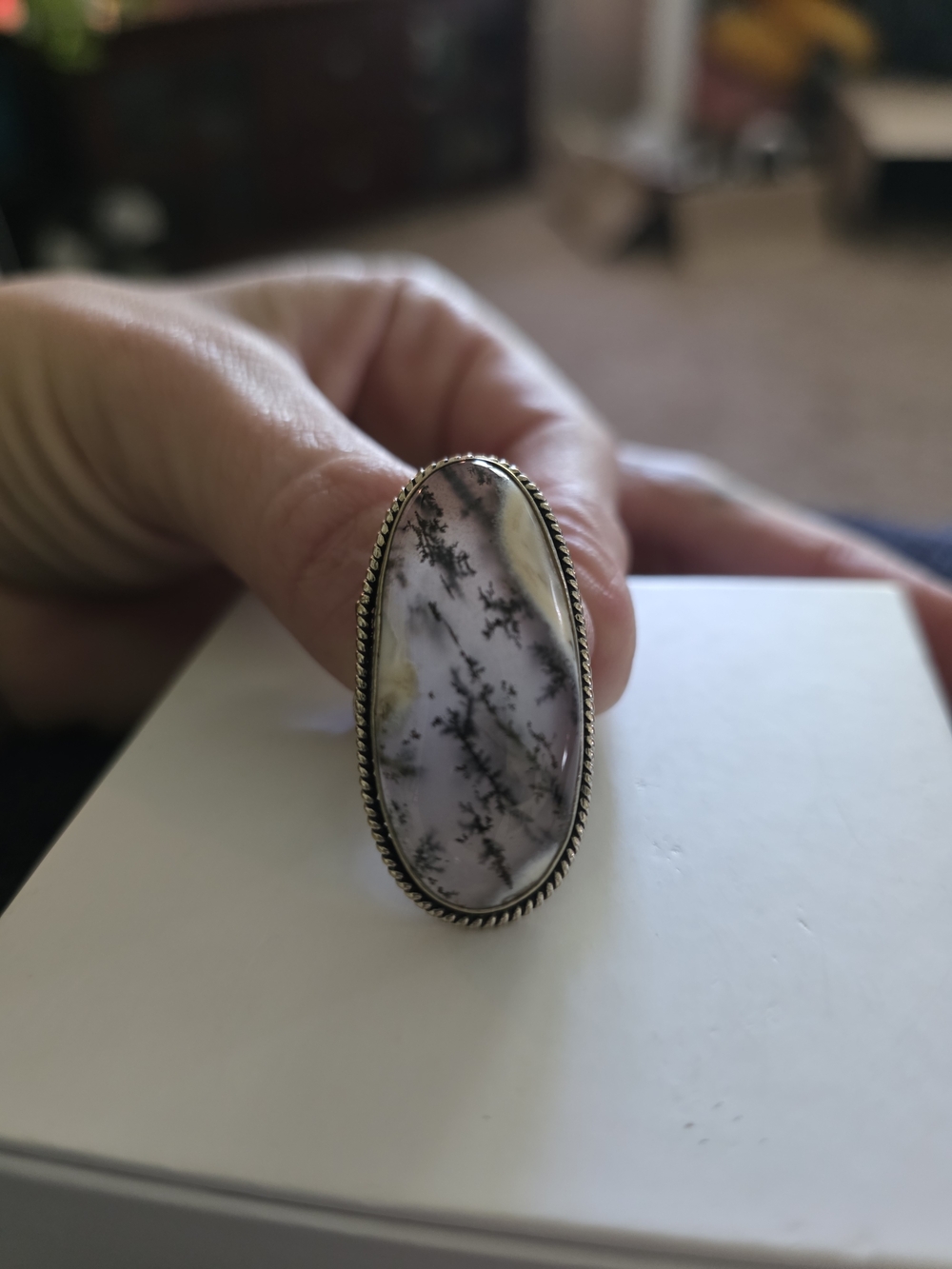 Sterling Silver Dendritic Agate Oval Statement Ring - White and Gray-size 9